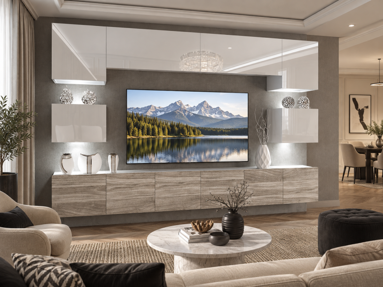 Meblościanka 300 cm TV/RTV biała połysk szary antracyt grafitowy Producent IMP 3/5/W/WGW1/0/0