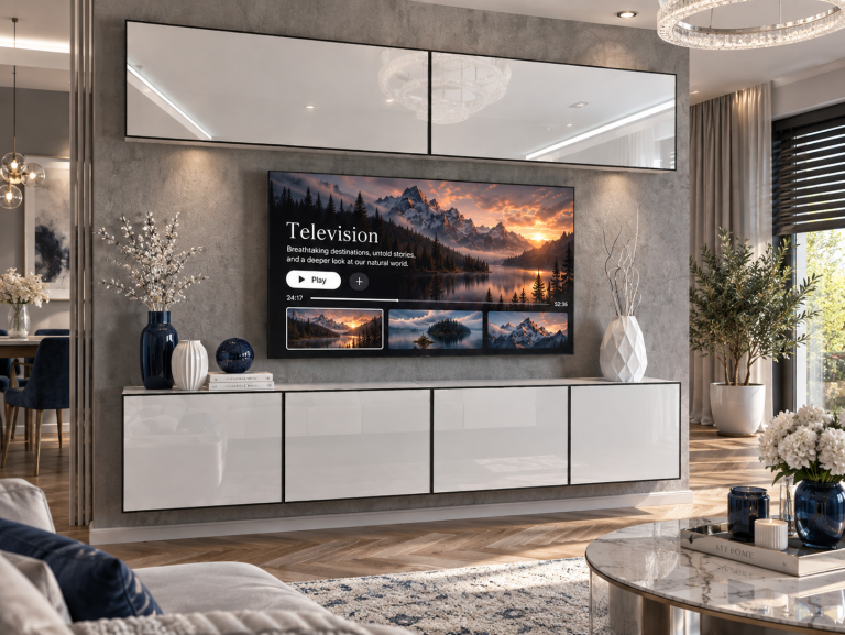 Meblościanka Linea 200 cm TV/RTV biała połysk Producent IMP L Brando 6/5/W/W/0/0