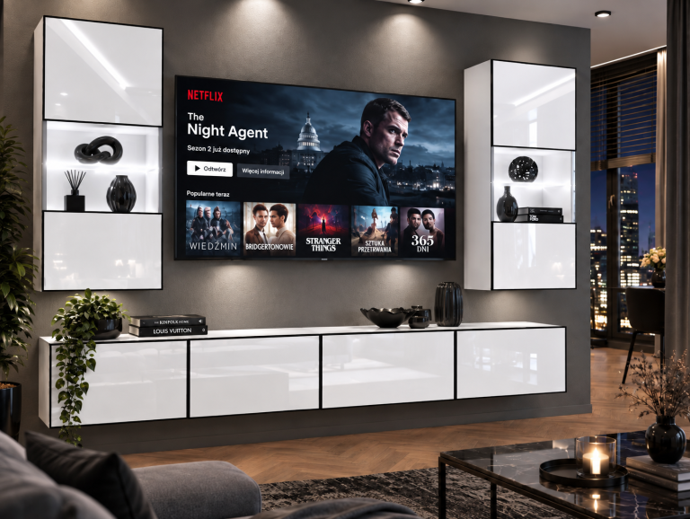Meblościanka Linea 200 cm TV/RTV biała połysk Producent IMP L Keanu 7/5/W/W/0/0