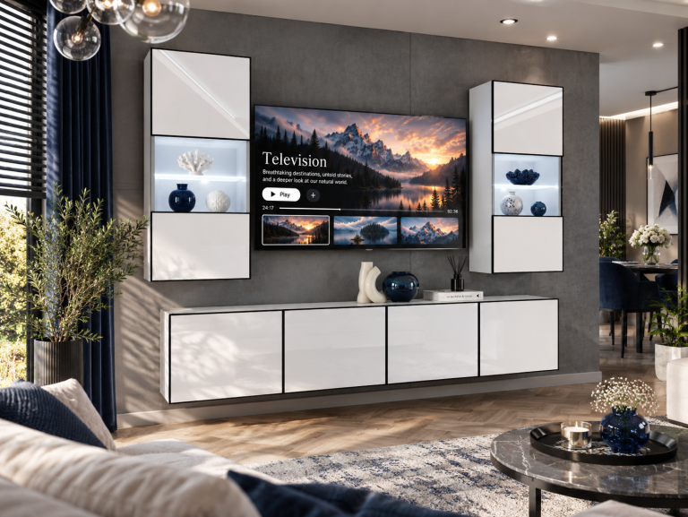 Meblościanka Linea 200 cm TV/RTV biała połysk Producent IMP L Keanu 7/5/W/W/0/0