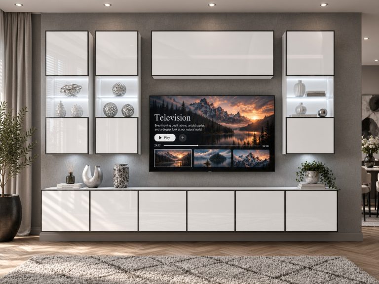 Meblościanka Linea 300 cm TV/RTV biała połysk Producent IMP L Pacino 5/5/W/W/0/0