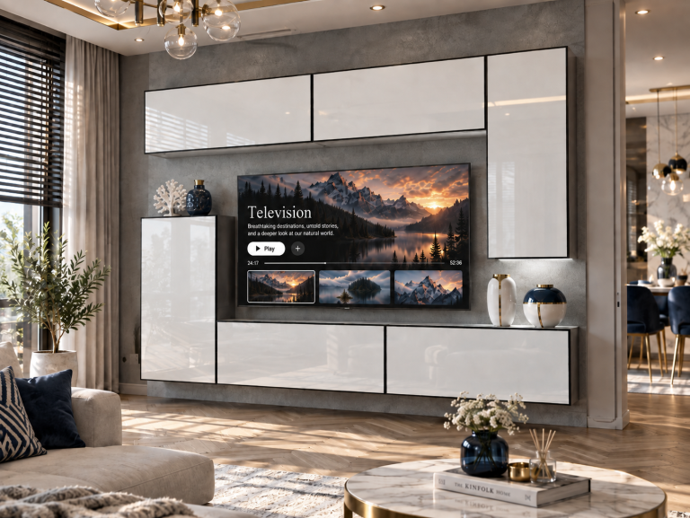 Meblościanka Linea 250 cm TV/RTV biała połysk Producent IMP L Woody 8/5/W/W/0/0