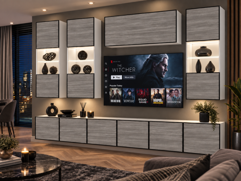 Meblościanka Linea 300 cm TV/RTV szary antracyt grafitowy Producent IMP L Pacino 5/5/W/GW1/0/0