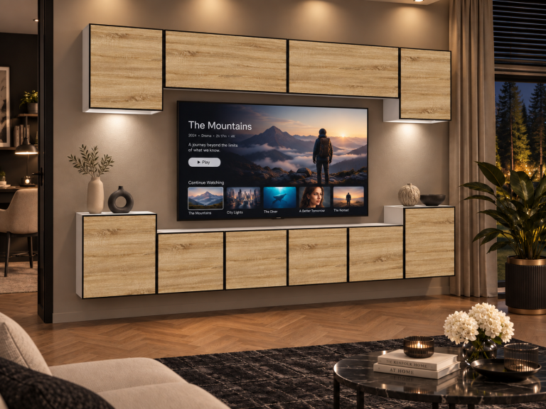 Meblościanka Linea 300 cm TV/RTV dębowa dąb wotan dąb sonoma Producent IMP L Hepburn 4/5/W/DS/0/0