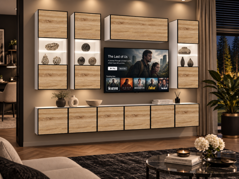 Meblościanka Linea 300 cm TV/RTV dębowa dąb wotan dąb sonoma Producent IMP L Pacino 5/5/W/DS/0/0