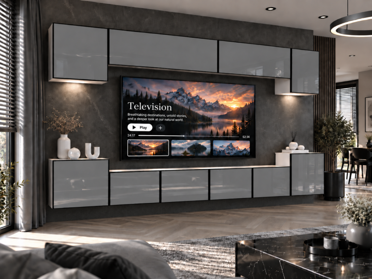 Meblościanka Linea 300 cm TV/RTV szara połysk Producent IMP L Hepburn 4/5/W/S/0/0