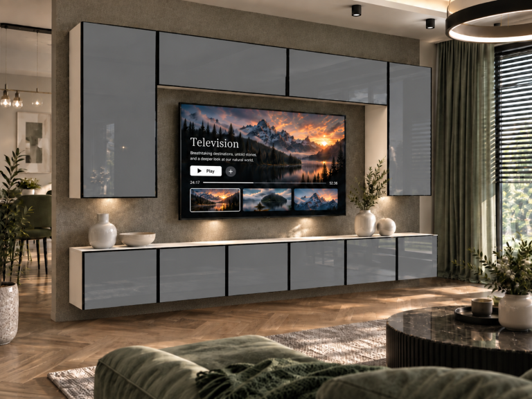 Meblościanka Linea 300 cm TV/RTV szara połysk Producent IMP L Monroe 2/5/W/S/0/0