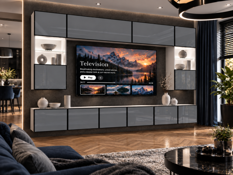 Meblościanka Linea 300 cm TV/RTV szara połysk Producent IMP L Nolan 1/5/W/S/0/0