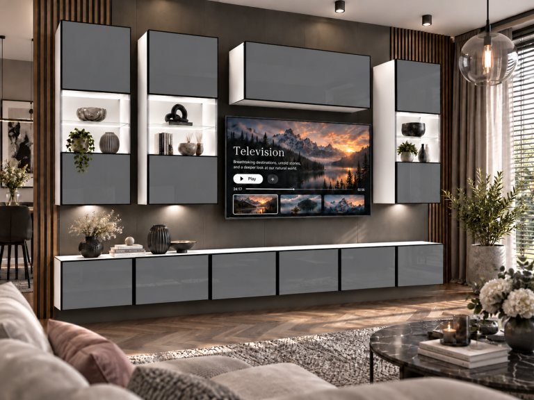 Meblościanka Linea 300 cm TV/RTV szara połysk Producent IMP L Pacino 5/5/W/S/0/0