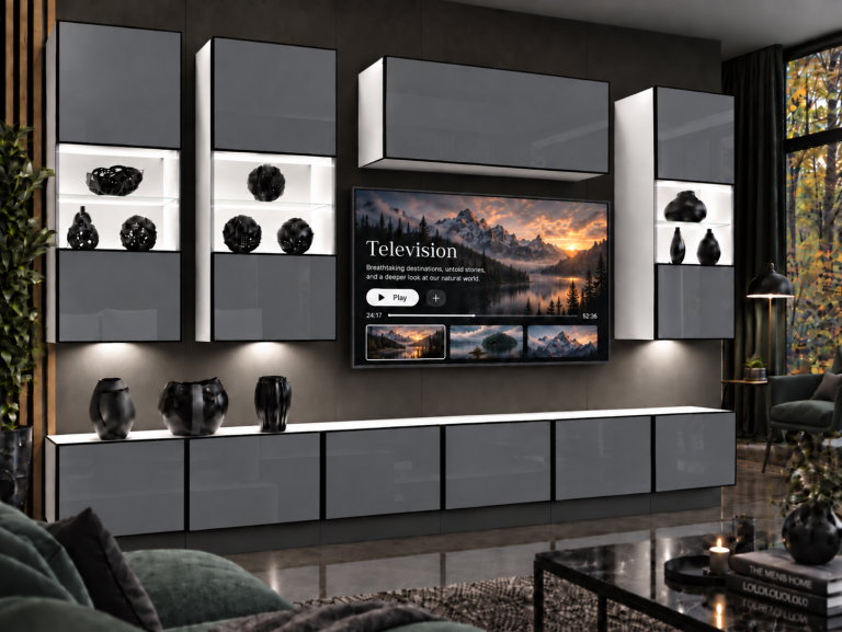 Meblościanka Linea 300 cm TV/RTV szara połysk Producent IMP L Pacino 5/5/W/S/0/0
