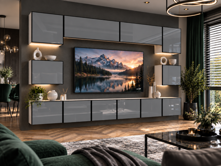 Meblościanka Linea 300 cm TV/RTV szara połysk Producent IMP L Tarantino 3/5/W/S/0/0