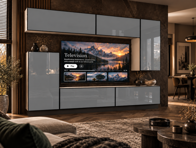 Meblościanka Linea 250 cm TV/RTV szara połysk Producent IMP L Woody 8/5/W/S/0/0