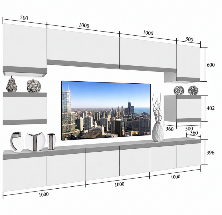Meblościanka Prestige 300 cm TV/RTV biała połysk Producent IMP P Tarantino 3/5/W/W/0/0/CM