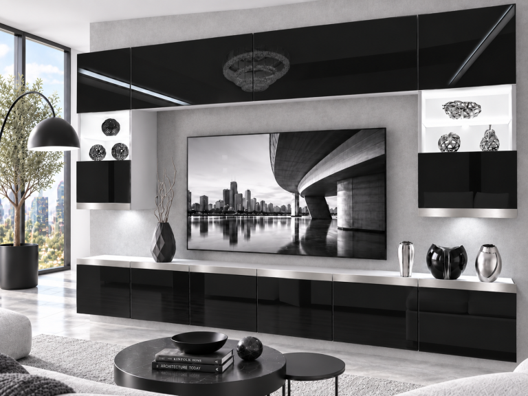 Meblościanka Prestige 300 cm TV/RTVczarna połysk Producent IMP P1 Nolan 1/5/W/B/0/0/SL