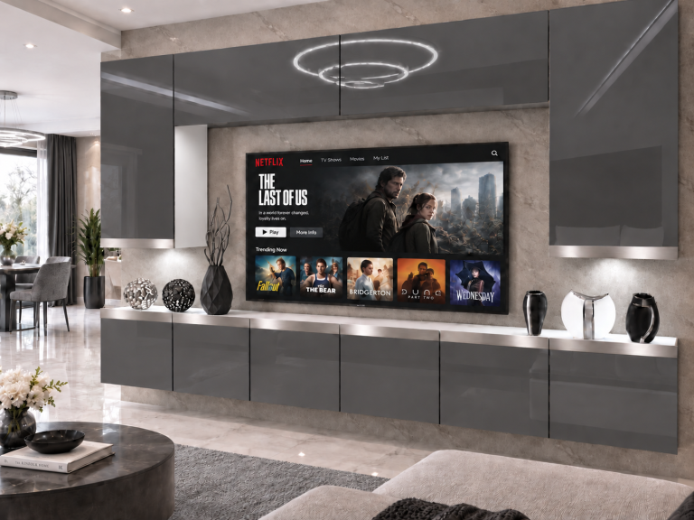 Meblościanka Prestige 300 cm TV/RTV szara połysk Producent IMP P Monroe 2/5/W/S/0/0/SL