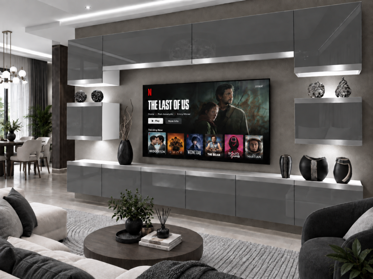 Meblościanka Prestige 300 cm TV/RTV szara połysk Producent IMP P Tarantino 3/5/W/S/0/0/SL