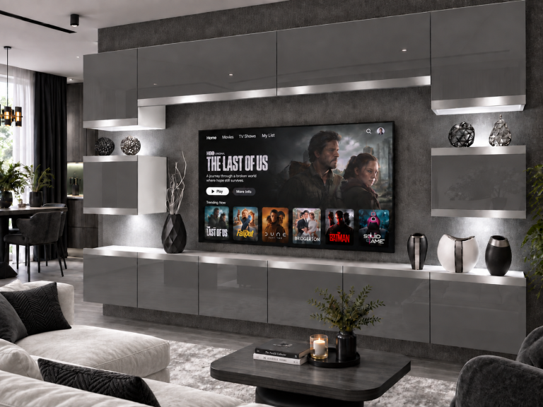 Meblościanka Prestige 300 cm TV/RTV szara połysk Producent IMP P Tarantino 3/5/W/S/0/0/SL