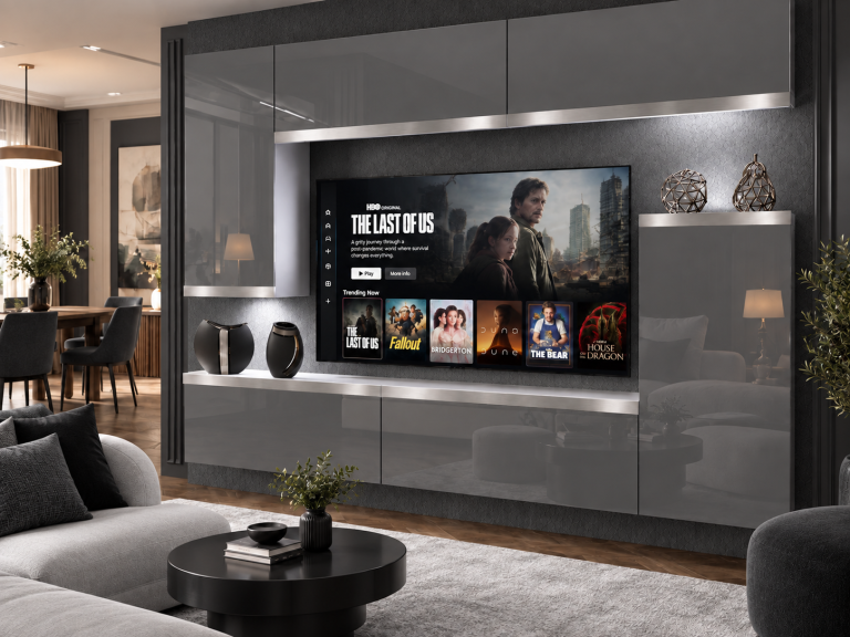 Meblościanka Prestige 250 cm TV/RTV szara połysk Producent IMP P Woody 8/5/W/S/0/0/SL