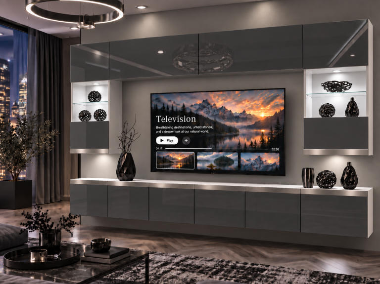 Meblościanka Prestige 300 cm TV/RTV szara połysk Producent IMP P1 Nolan 1/5/W/S/0/0/SL