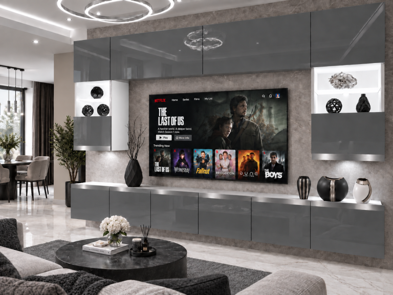 Meblościanka Prestige 300 cm TV/RTV szara połysk Producent IMP P1 Nolan 1/5/W/S/0/0/SL