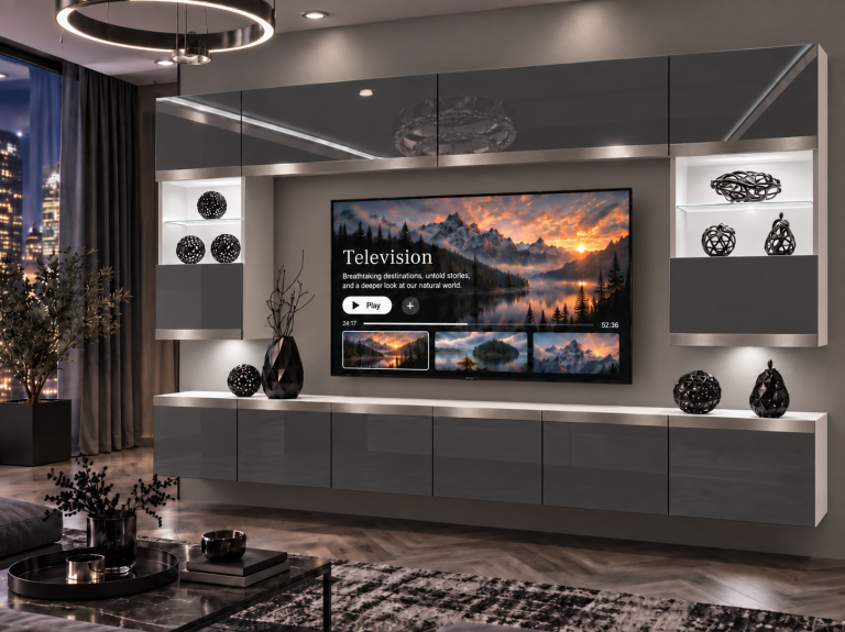 Meblościanka Prestige 300 cm TV/RTV szara połysk Producent IMP P2 Nolan 1/5/W/S/0/0/SL