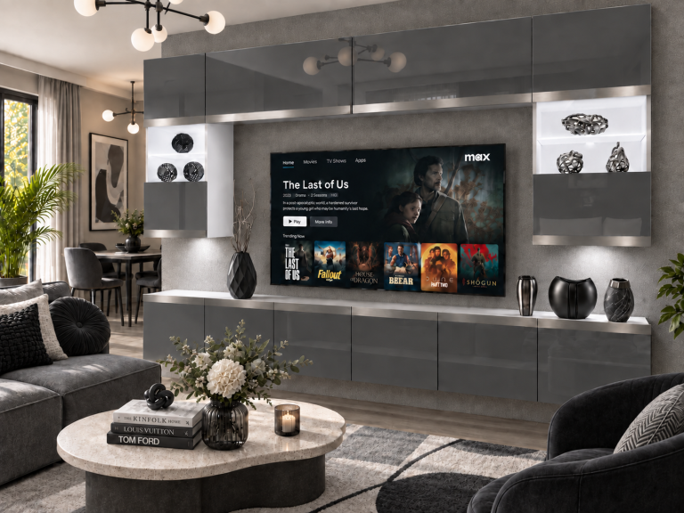 Meblościanka Prestige 300 cm TV/RTV szara połysk Producent IMP P2 Nolan 1/5/W/S/0/0/SL