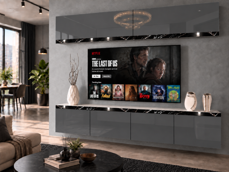 Meblościanka Prestige 200 cm TV/RTV szara połysk Producent IMP P Brando 6/5/W/S/0/0/CS