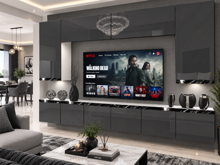 Meblościanka Prestige 300 cm TV/RTV szara połysk Producent IMP P Monroe 2/5/W/S/0/0/CS