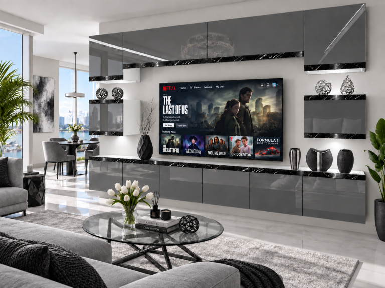 Meblościanka Prestige 300 cm TV/RTV szara połysk Producent IMP P Tarantino 3/5/W/S/0/0/CS