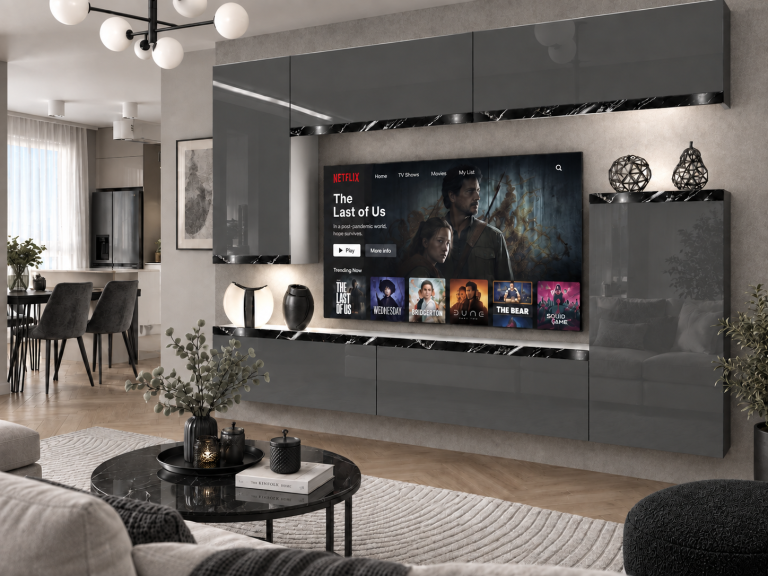 Meblościanka Prestige 250 cm TV/RTV szara połysk Producent IMP P Woody 8/5/W/S/0/0/CS