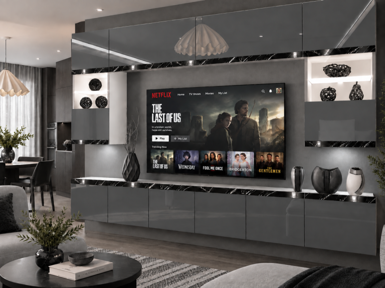 Meblościanka Prestige 300 cm TV/RTV szara połysk Producent IMP P2 Nolan 1/5/W/S/0/0/CS