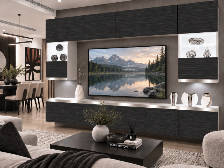 Meblościanka Prestige 300 cm TV/RTV czarna heban Producent IMP P1 Nolan 1/5/W/HK/0/0/SL