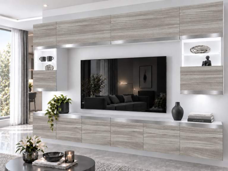 Meblościanka Prestige 300 cm TV/RTV szary antracyt grafitowy Producent IMP P2 Nolan 1/5/W/GW1/0/0/SL