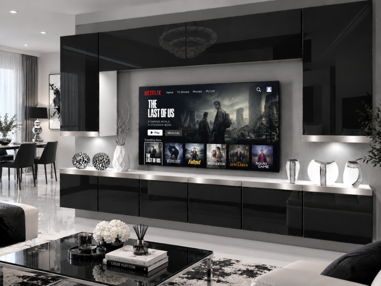 Meblościanka Prestige 300 cm TV/RTV czarna połysk Producent IMP P Monroe 2/5/W/B/0/0/SL