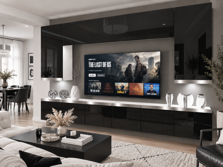 Meblościanka Prestige 300 cm TV/RTV czarna połysk Producent IMP P Monroe 2/5/W/B/0/0/SL