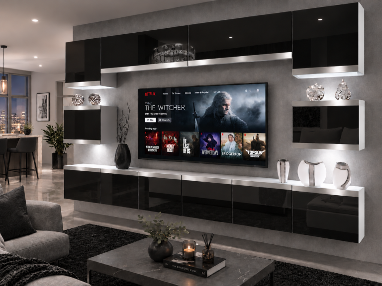 Meblościanka Prestige 300 cm TV/RTV czarna połysk Producent IMP P Tarantino 3/5/W/B/0/0/SL