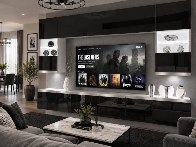 Meblościanka Prestige 300 cm TV/RTVczarna połysk Producent IMP P1 Nolan 1/5/W/B/0/0/SL
