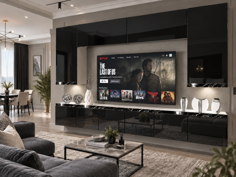 Meblościanka Prestige 300 cm TV/RTV czarna połysk Producent IMP P Monroe 2/5/W/B/0/0/CS