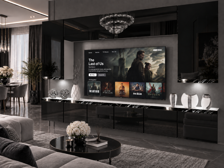 Meblościanka Prestige 300 cm TV/RTV czarna połysk Producent IMP P Monroe 2/5/W/B/0/0/CS