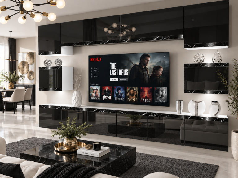 Meblościanka Prestige 300 cm TV/RTV czarna połysk Producent IMP P Tarantino 3/5/W/B/0/0/CS