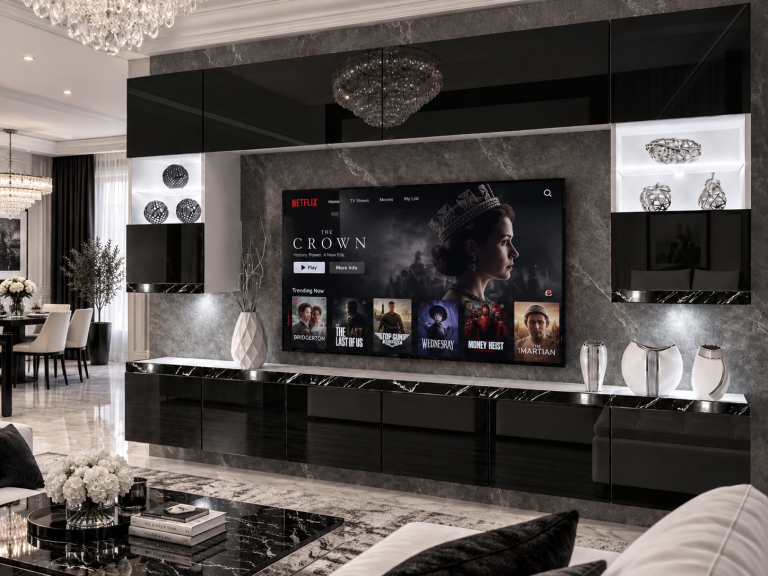 Meblościanka Prestige 300 cm TV/RTVczarna połysk Producent IMP P1 Nolan 1/5/W/B/0/0/CS