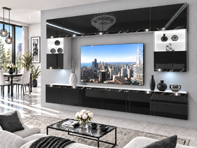 Meblościanka Prestige 300 cm TV/RTVczarna połysk Producent IMP P2 Nolan 1/5/W/B/0/0/CS