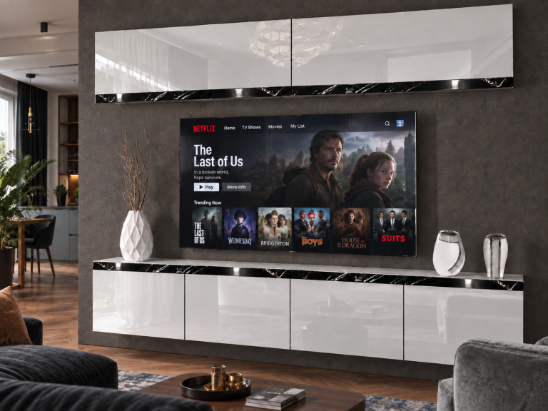 Meblościanka Prestige 200 cm TV/RTV biała połysk Producent IMP P Brando 6/5/W/W/0/0/CS