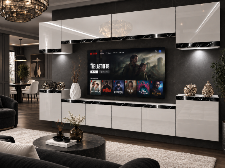 Meblościanka Prestige 300 cm TV/RTV biała połysk Producent IMP P Hepburn 4/5/W/W/0/0/CS