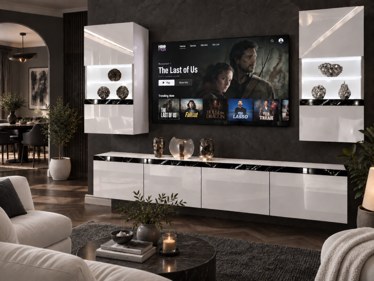 Meblościanka Prestige 200 cm TV/RTV biała połysk Producent IMP P Keanu 7/5/W/W/0/0/CS