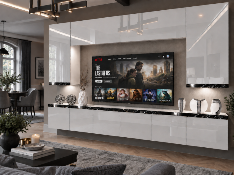 Meblościanka Prestige 300 cm TV/RTV biała połysk Producent IMP P Monroe 2/5/W/W/0/0/CS