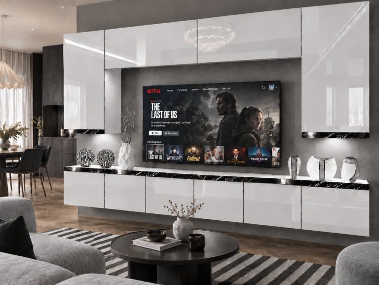 Meblościanka Prestige 300 cm TV/RTV biała połysk Producent IMP P Monroe 2/5/W/W/0/0/CS