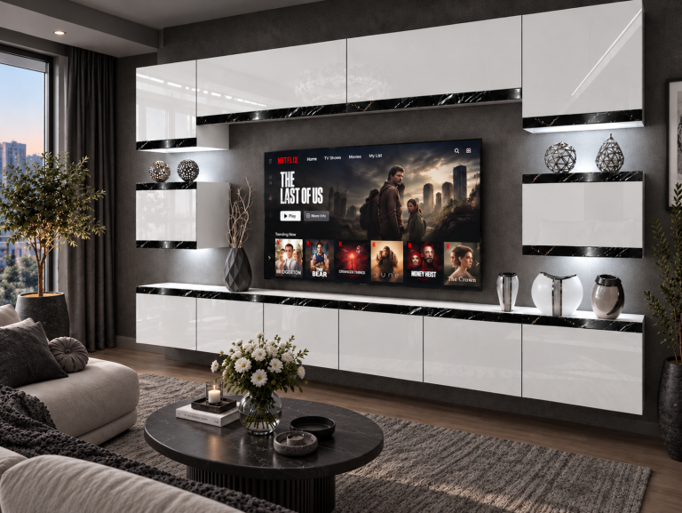 Meblościanka Prestige 300 cm TV/RTV biała połysk Producent IMP P Tarantino 3/5/W/W/0/0/CS