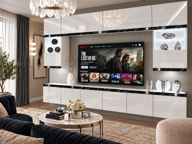 Meblościanka Prestige 300 cm TV/RTV biała połysk Producent IMP P2 Nolan 1/5/W/W/0/0/CS