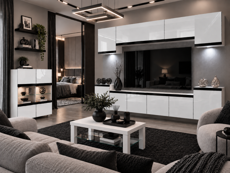 Meblościanka Prestige 300 cm TV/RTV biała połysk Producent IMP P Hepburn 4/5/W/W/0/0/CM